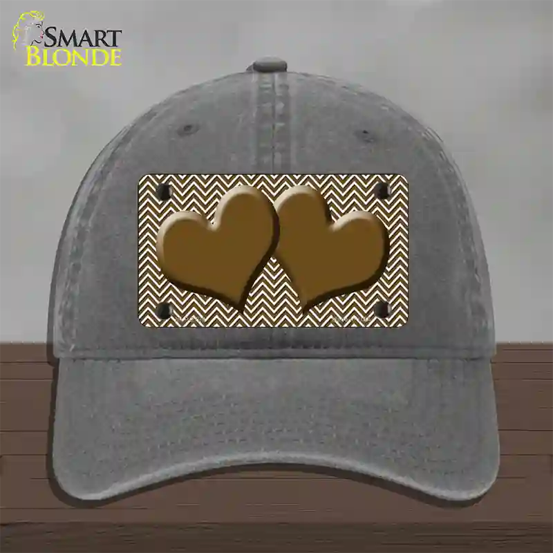 Brown White Chevron Brown Center Hearts Novelty License Plate Hat Unconstructed Cotton / Charcoal