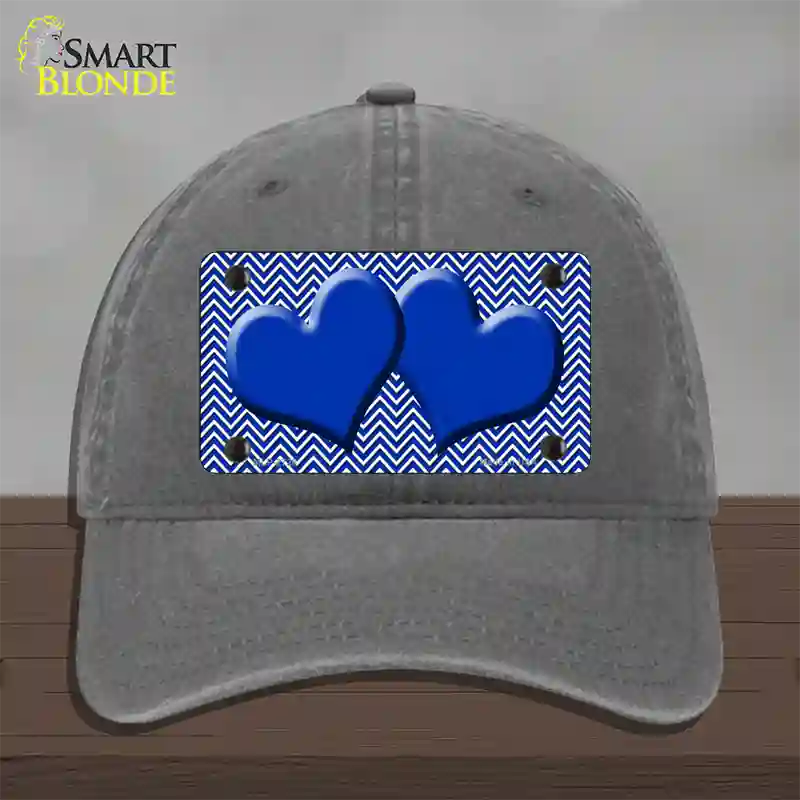 Blue White Chevron Blue Center Hearts Novelty License Plate Hat Unconstructed Cotton / Charcoal