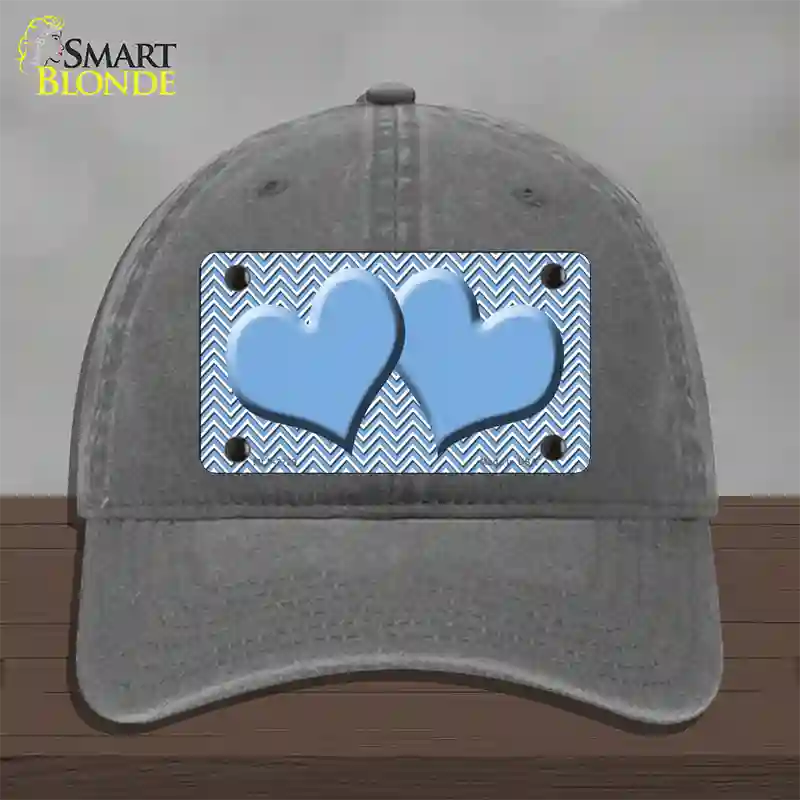 Light Blue White Chevron Light Blue Center Hearts Novelty License Plate Hat Unconstructed Cotton / Charcoal