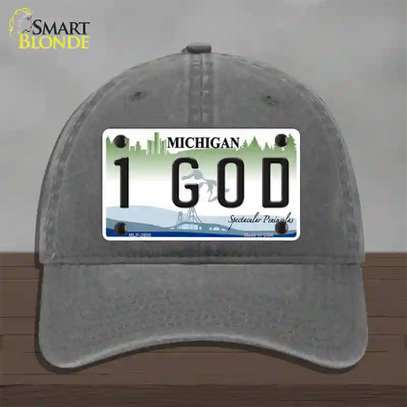 1 GOD Michigan State Novelty License Plate Hat Unconstructed Cotton / Charcoal