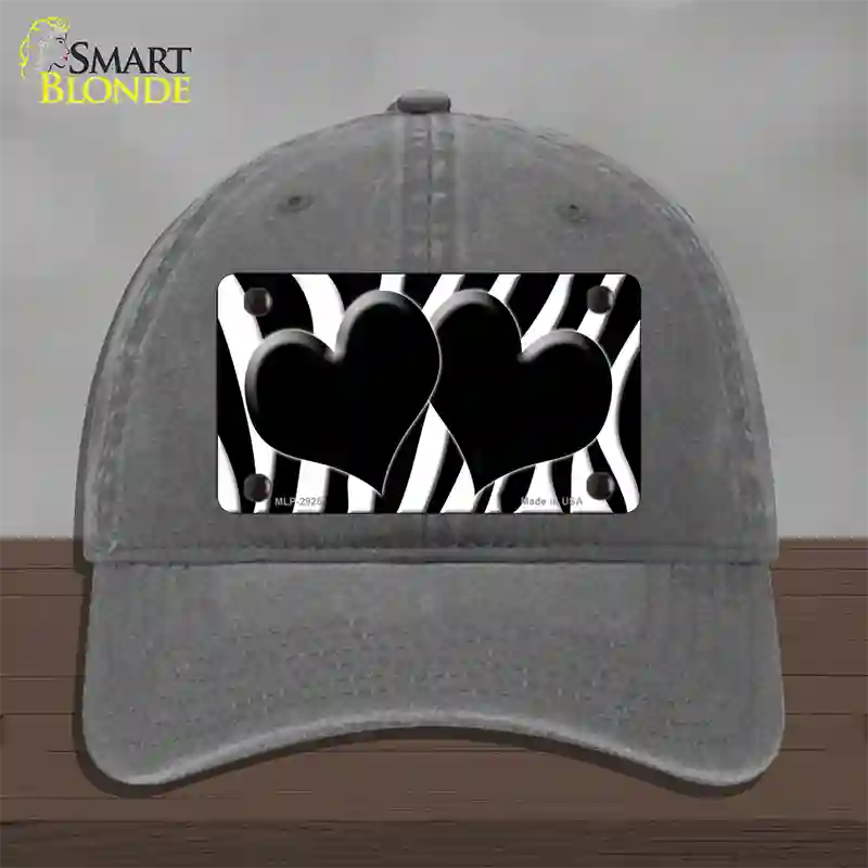 Black White Zebra Black Centered Hearts Novelty License Plate Hat Unconstructed Cotton / Charcoal