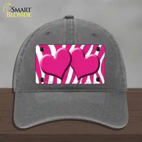 Pink White Zebra Pink Centered Hearts Novelty License Plate Hat Unconstructed Cotton / Charcoal