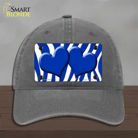 Blue White Zebra Blue Centered Hearts Novelty License Plate Hat Unconstructed Cotton / Charcoal