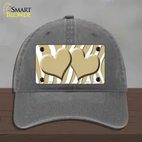 Gold White Zebra Gold Centered Hearts Novelty License Plate Hat Unconstructed Cotton / Charcoal