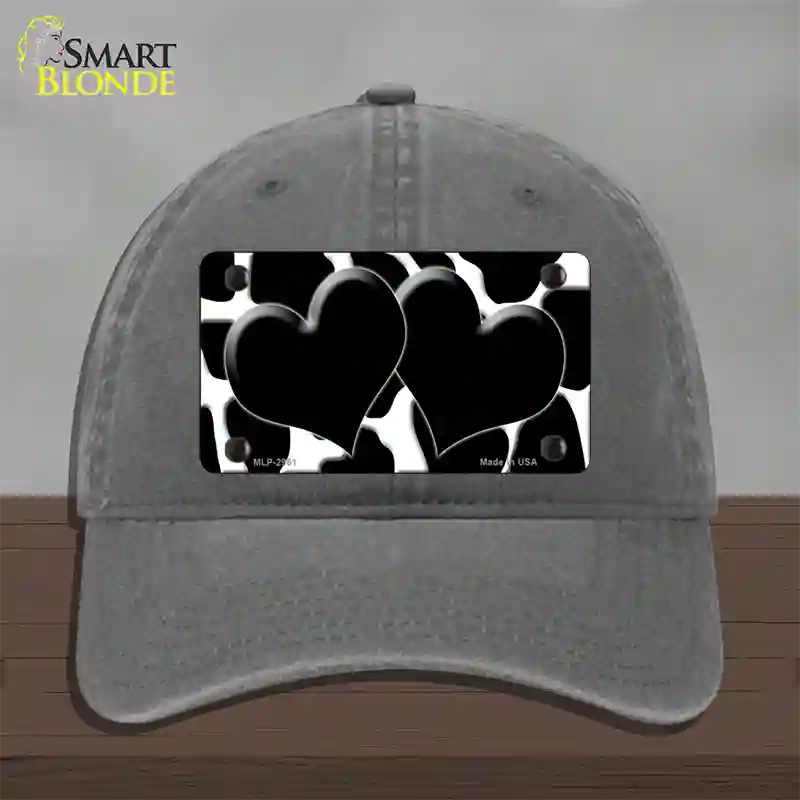 Black White Giraffe Black Centered Hearts Novelty License Plate Hat Unconstructed Cotton / Charcoal