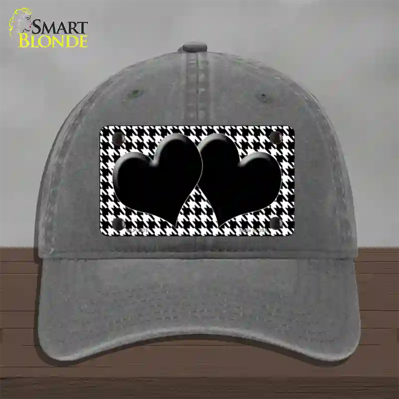 White Black Houndstooth Black Center Hearts Novelty License Plate Hat Unconstructed Cotton / Charcoal