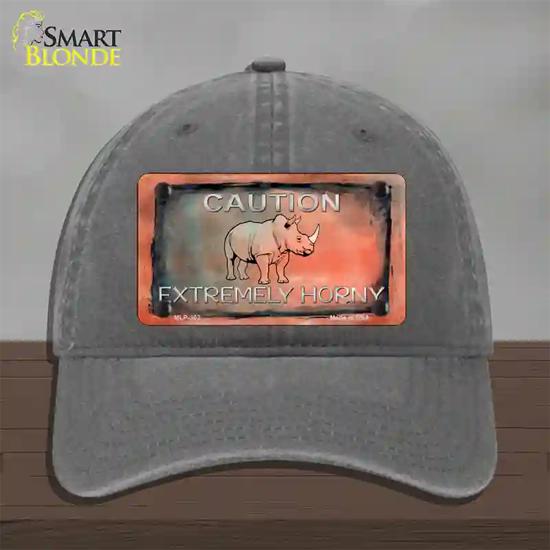 Caution Extremely Horny Novelty License Plate Hat Unconstructed Cotton / Charcoal