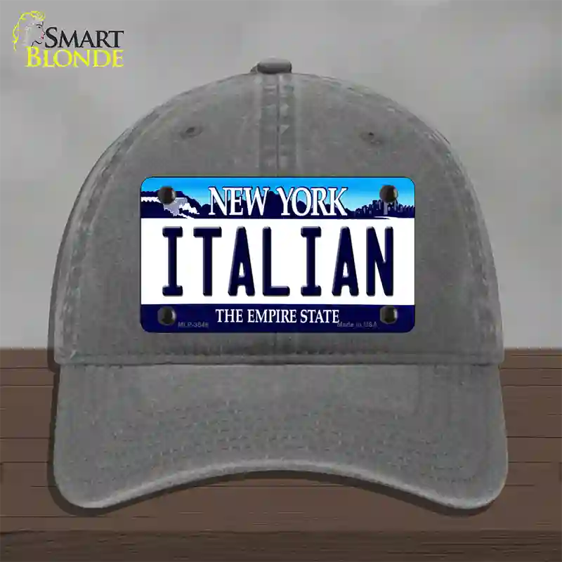 Italian New York Novelty License Plate Hat Unconstructed Cotton / Charcoal