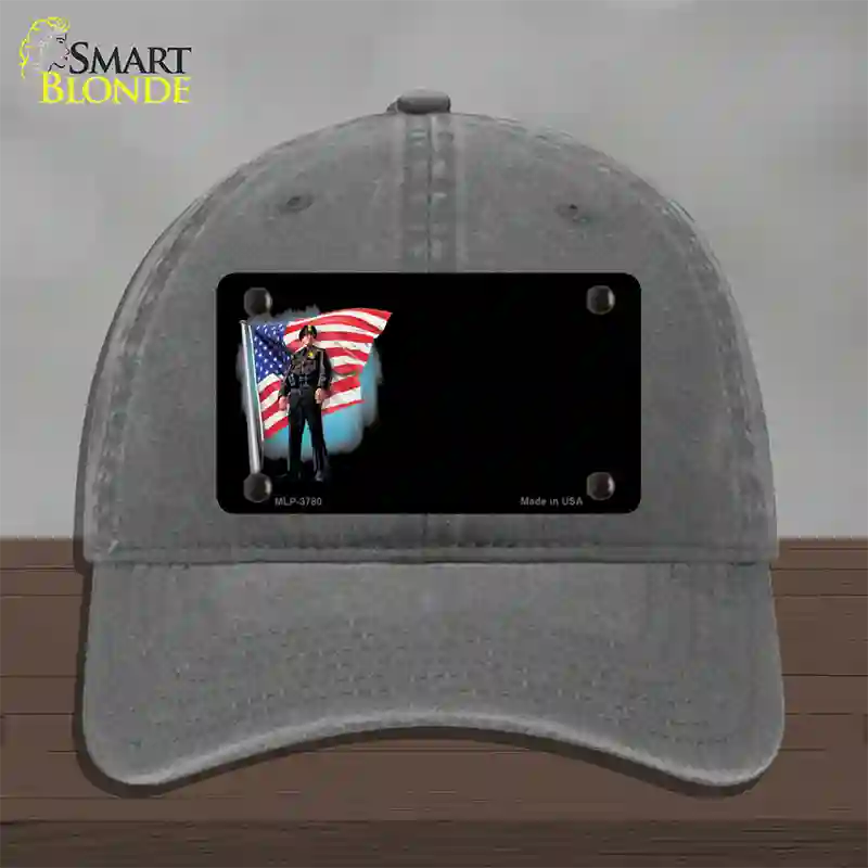 Police Officer American Flag Offset Novelty License Plate Hat Unconstructed Cotton / Charcoal