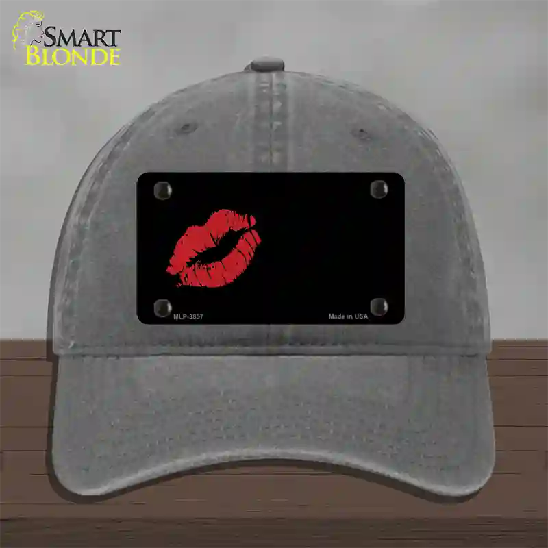 Red Lips Offset Novelty License Plate Hat Unconstructed Cotton / Charcoal