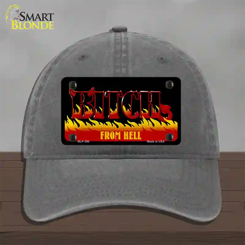 Bitch From Hell Flames Novelty License Plate Hat Unconstructed Cotton / Charcoal