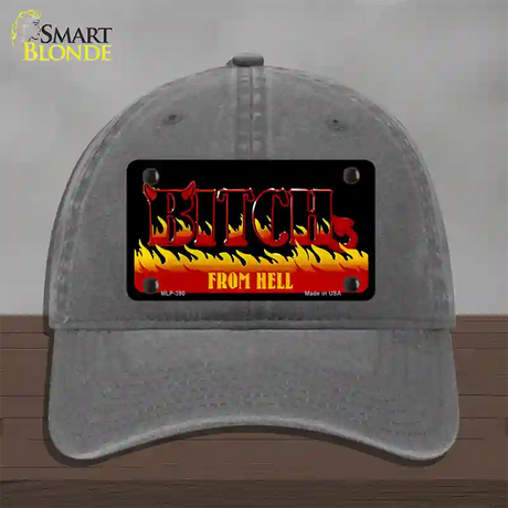 Bitch From Hell Flames Novelty License Plate Hat Unconstructed Cotton / Charcoal