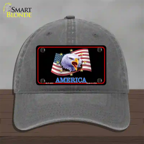 Waving Flag Bald Eagle Black Novelty License Plate Hat Unconstructed Cotton / Charcoal