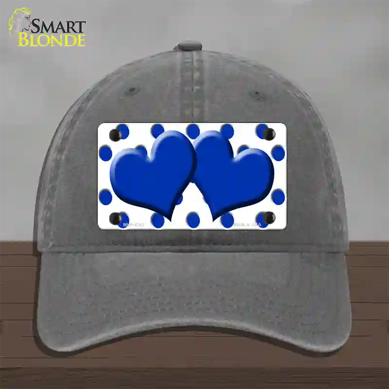 Blue White Polka Dot Blue Centered Hearts Novelty License Plate Hat Unconstructed Cotton / Charcoal