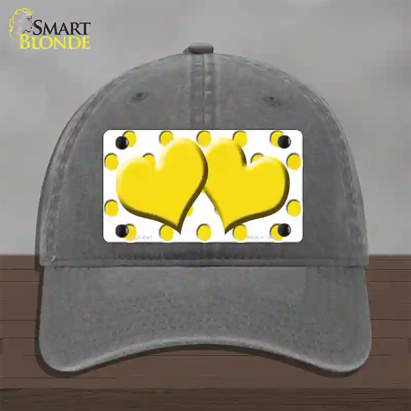 Yellow White Polka Dot Yellow Centered Hearts Novelty License Plate Hat Unconstructed Cotton / Charcoal