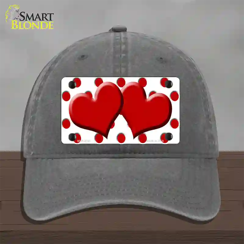 Red White Polka Dot Red Centered Hearts Novelty License Plate Hat Unconstructed Cotton / Charcoal