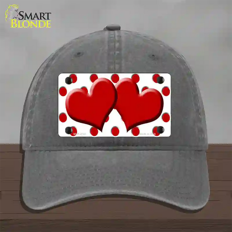 Red White Polka Dot Red Centered Hearts Novelty License Plate Hat Unconstructed Cotton / Charcoal