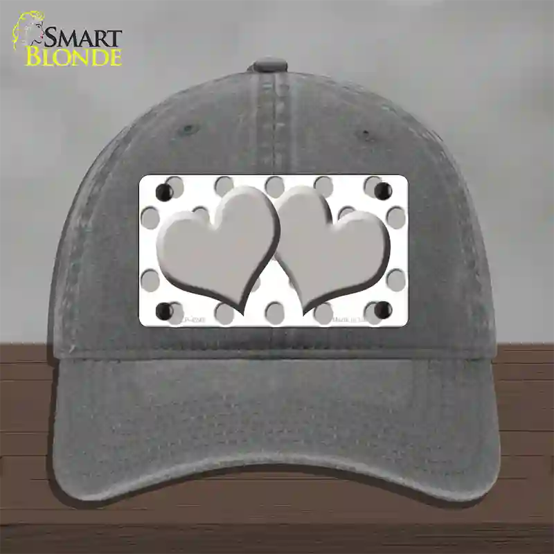 Grey White Polka Dot Grey Centered Hearts Novelty License Plate Hat Unconstructed Cotton / Charcoal