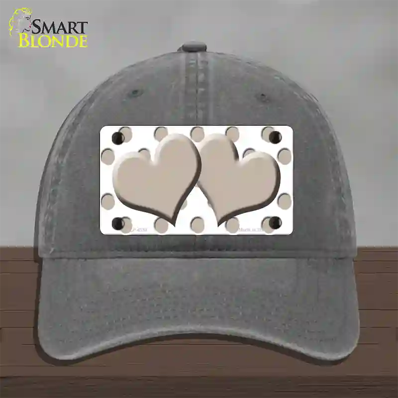 Tan White Polka Dot Tan Centered Hearts Novelty License Plate Hat Unconstructed Cotton / Charcoal