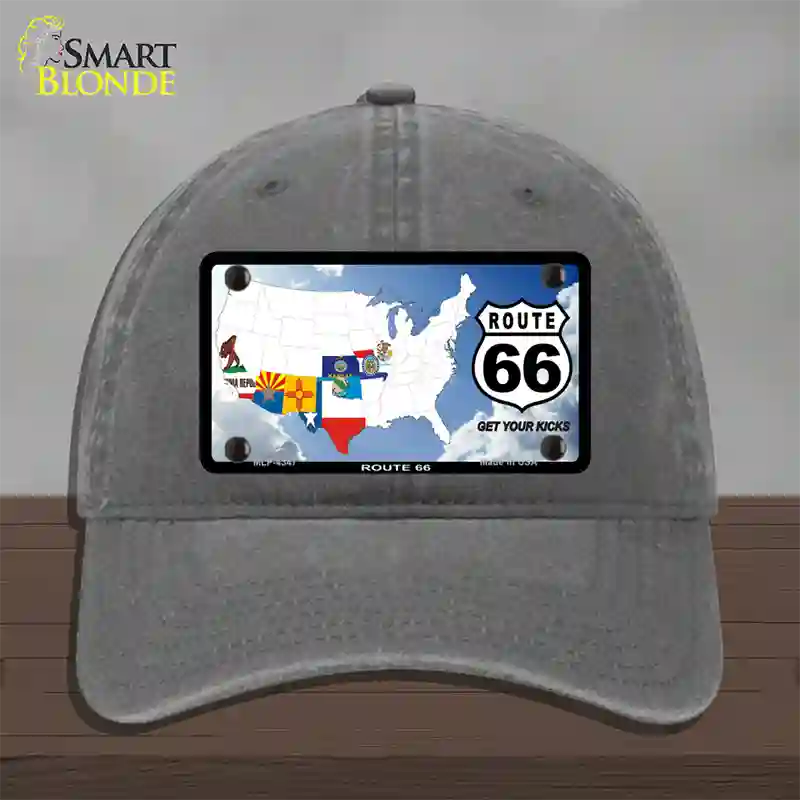 Route 66 8 Flags Clouds Novelty License Plate Hat Unconstructed Cotton / Charcoal