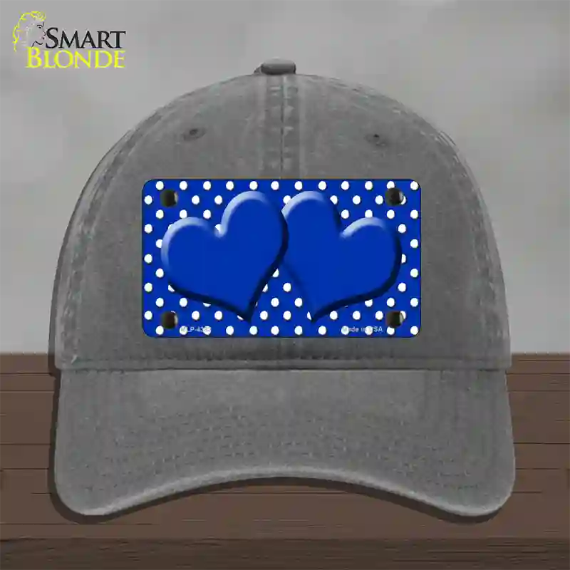 Blue White Polka Dot Center Hearts Novelty License Plate Hat Unconstructed Cotton / Charcoal