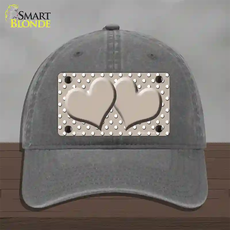 Tan White Polka Dot Center Hearts Novelty License Plate Hat Unconstructed Cotton / Charcoal