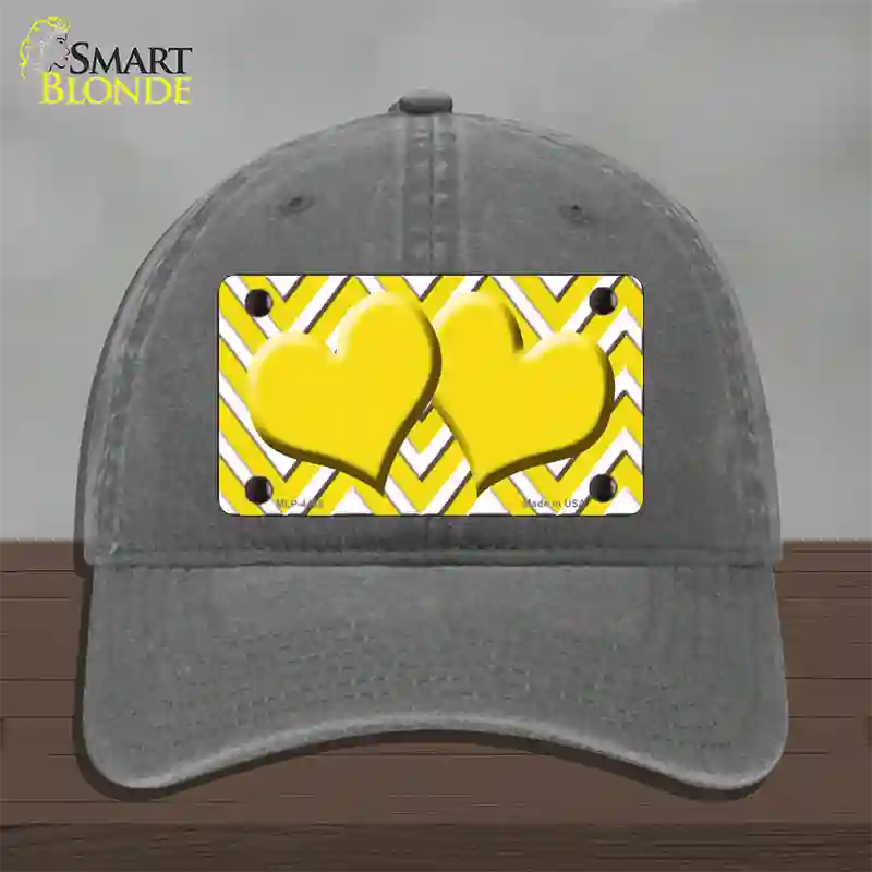 Yellow White Large Chevron Yellow Center Hearts Novelty License Plate Hat Unconstructed Cotton / Charcoal