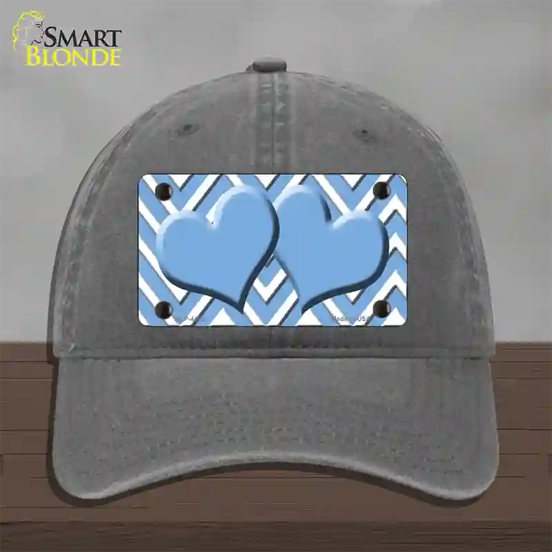 Light Blue White Large Chevron Light Blue Center Hearts Novelty License Plate Hat Unconstructed Cotton / Charcoal