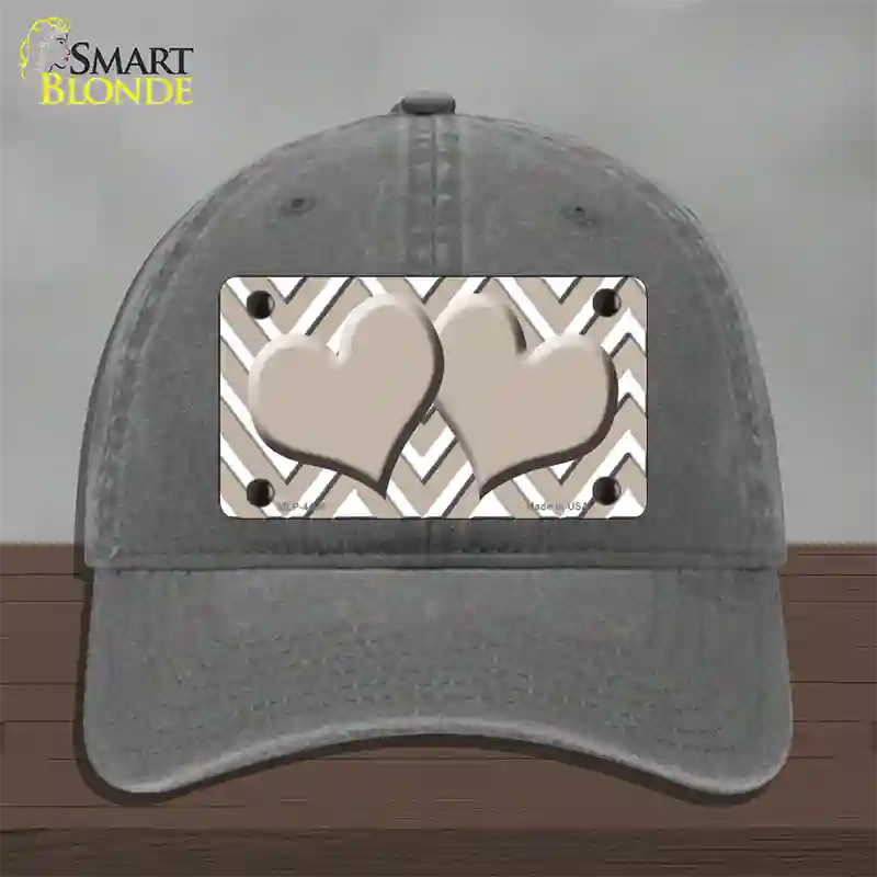 Tan White Large Chevron Tan Center Hearts Novelty License Plate Hat Unconstructed Cotton / Charcoal