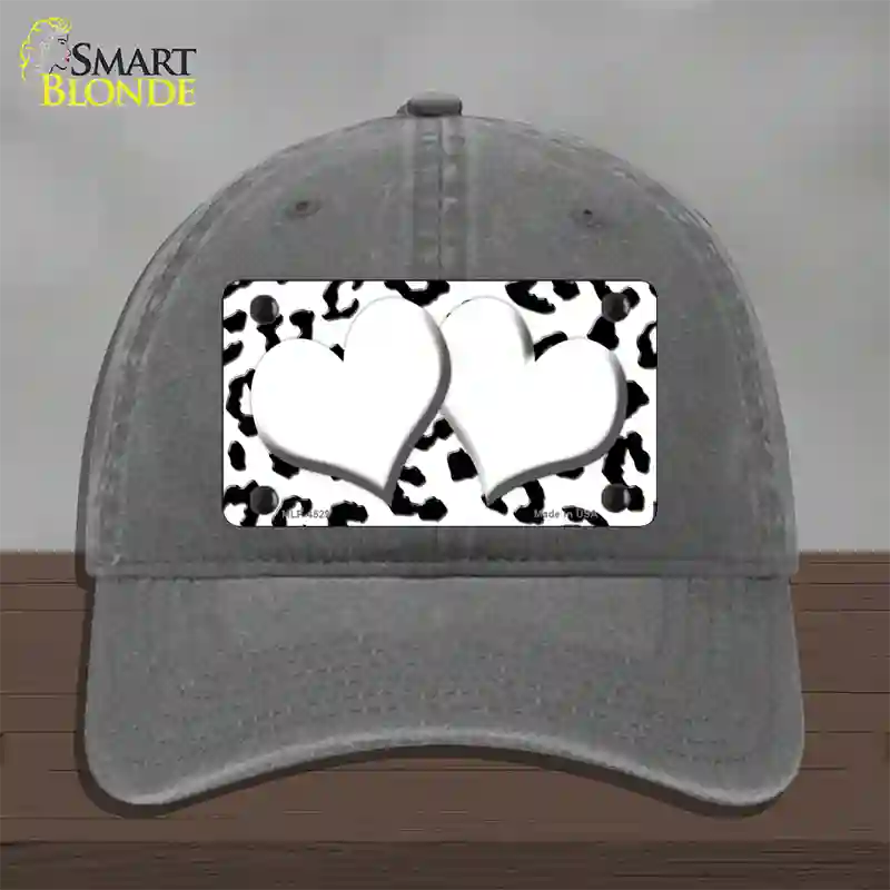 White Black Cheetah White Center Hearts Novelty License Plate Hat Unconstructed Cotton / Charcoal