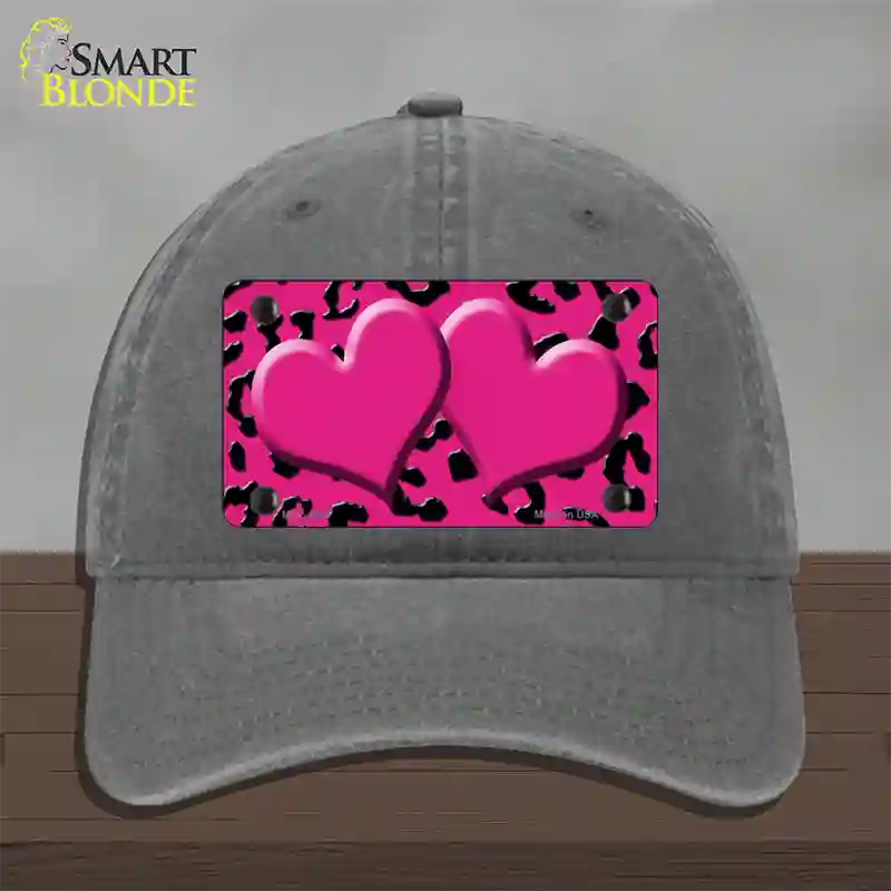 Pink Black Cheetah Pink Center Hearts Novelty License Plate Hat Unconstructed Cotton / Charcoal