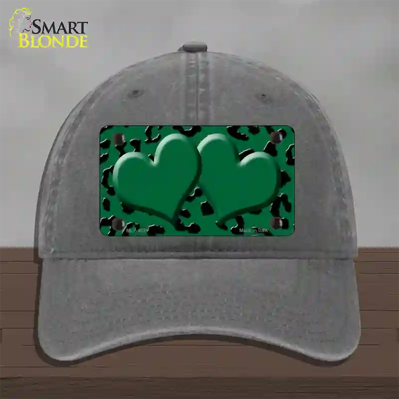 Green Black Cheetah Green Center Hearts Novelty License Plate Hat Unconstructed Cotton / Charcoal