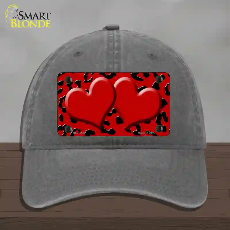 Red Black Cheetah Red Center Hearts Novelty License Plate Hat Unconstructed Cotton / Charcoal