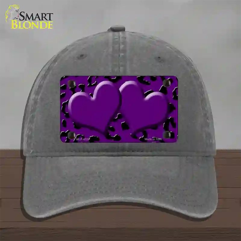 Purple Black Cheetah Purple Center Hearts Novelty License Plate Hat Unconstructed Cotton / Charcoal