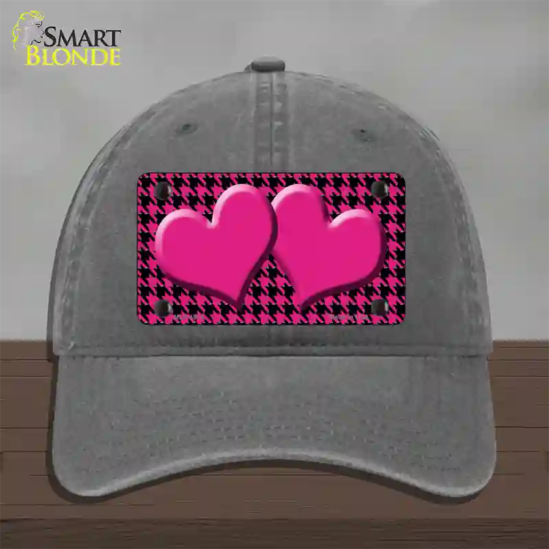 Pink Black Houndstooth Pink Center Hearts Novelty License Plate Hat Unconstructed Cotton / Charcoal