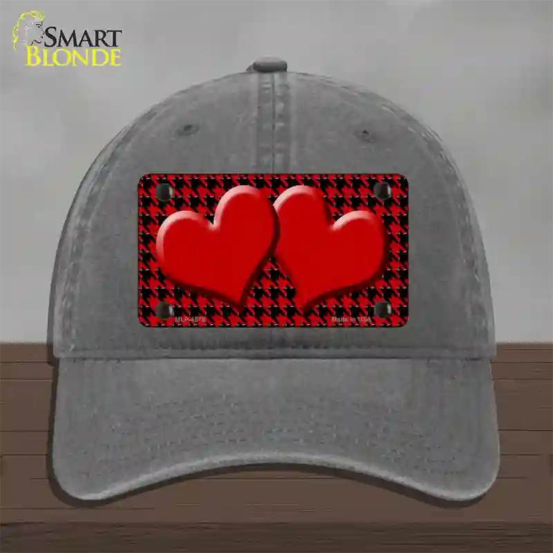 Red Black Houndstooth Red Center Hearts Novelty License Plate Hat Unconstructed Cotton / Charcoal