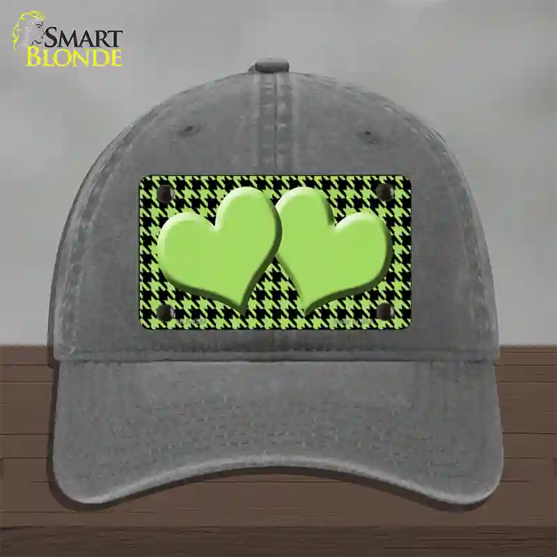 Lime Green Black Houndstooth Lime Green Center Hearts Novelty License Plate Hat Unconstructed Cotton / Charcoal