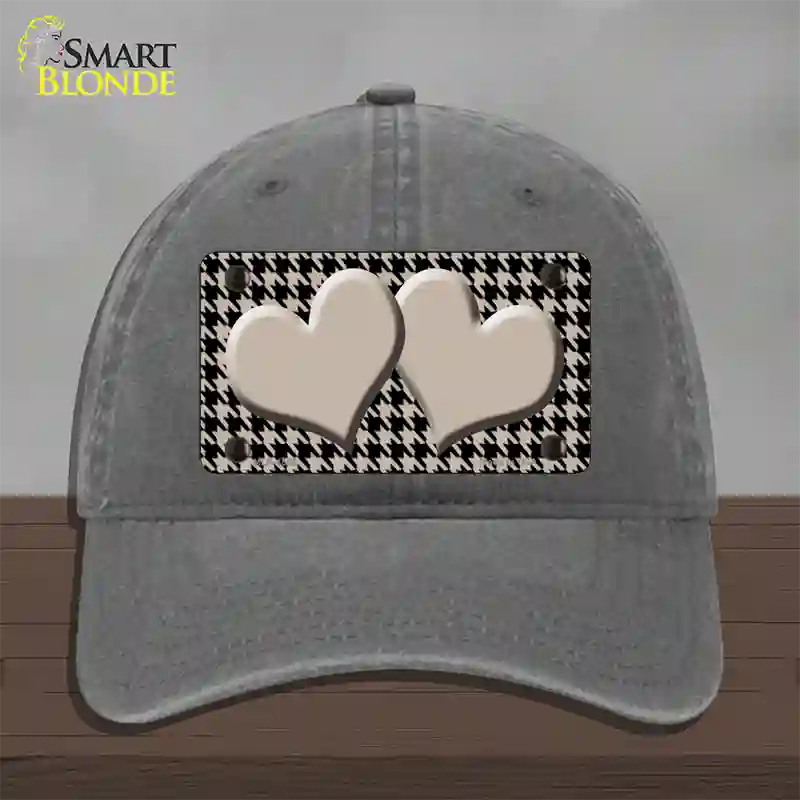 Tan Black Houndstooth Tan Center Hearts Novelty License Plate Hat Unconstructed Cotton / Charcoal