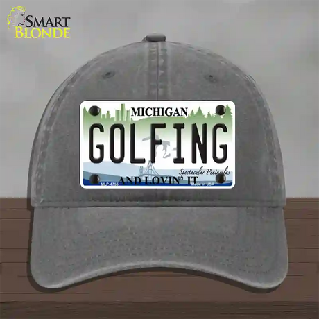 Golfing Michigan State Novelty License Plate Hat Unconstructed Cotton / Charcoal