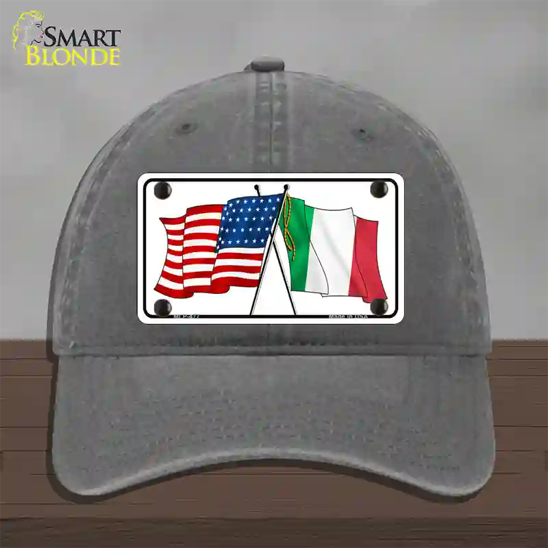 United States Italy Crossed Flags Novelty License Plate Hat Unconstructed Cotton / Charcoal