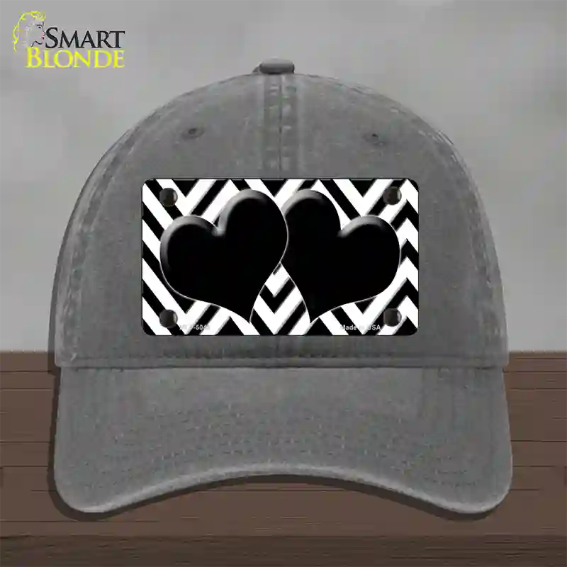 White Black Chevon Hearts Novelty License Plate Hat Unconstructed Cotton / Charcoal