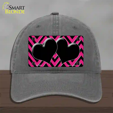 Pink Black Chevon Hearts Novelty License Plate Hat Unconstructed Cotton / Charcoal