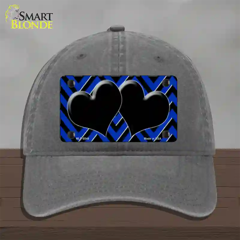 Blue Black Chevon Hearts Novelty License Plate Hat Unconstructed Cotton / Charcoal