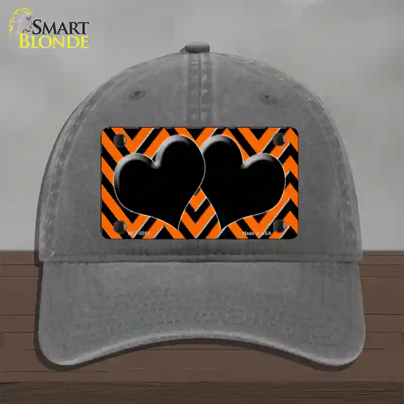 Orange Black Chevon Hearts Novelty License Plate Hat Unconstructed Cotton / Charcoal