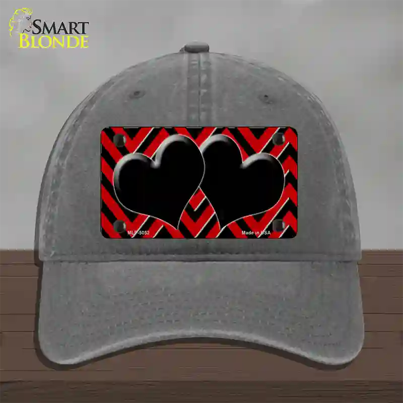 Red Black Chevon Hearts Novelty License Plate Hat Unconstructed Cotton / Charcoal