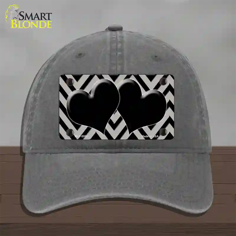 Grey Black Chevon Hearts Novelty License Plate Hat Unconstructed Cotton / Charcoal