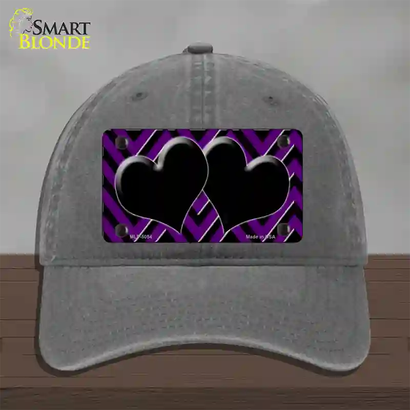 Purple Black Chevon Hearts Novelty License Plate Hat Unconstructed Cotton / Charcoal