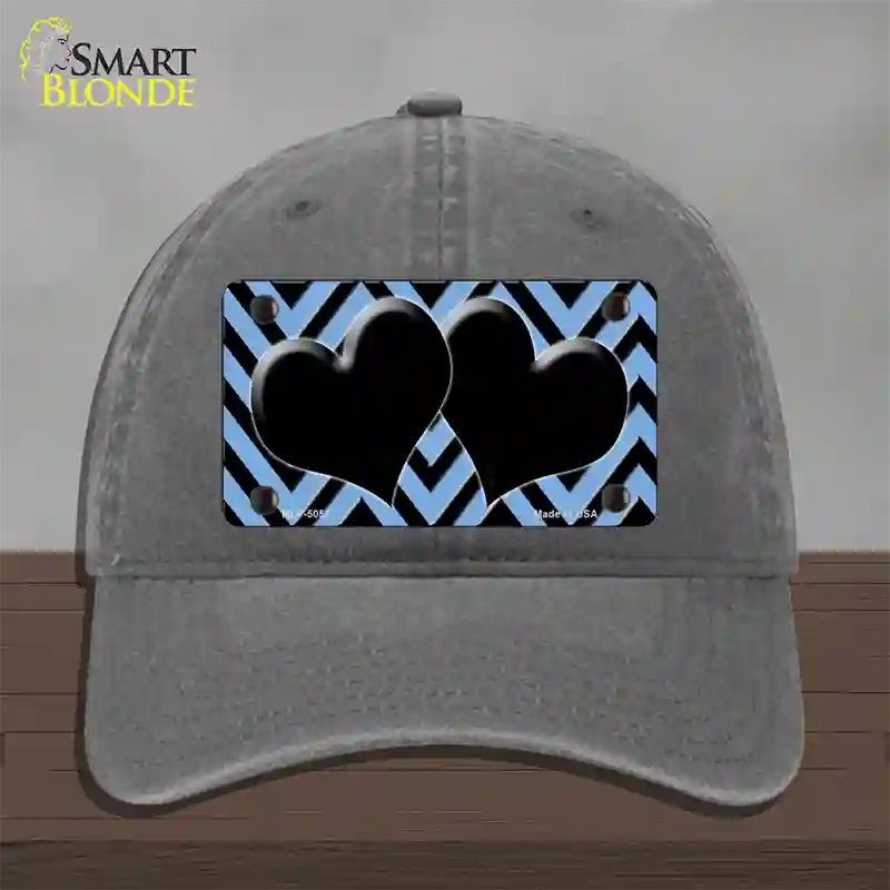 Light Blue Black Chevon Hearts Novelty License Plate Hat Unconstructed Cotton / Charcoal