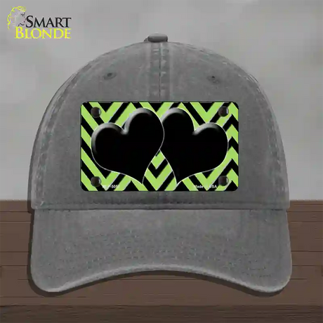 Lime Green Black Chevon Hearts Novelty License Plate Hat Unconstructed Cotton / Charcoal