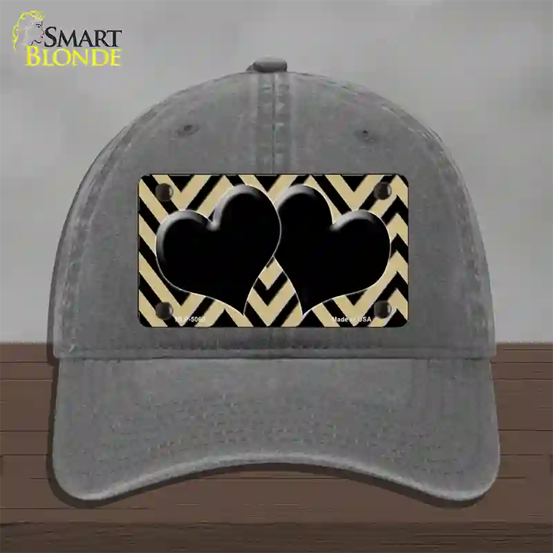 Gold Black Chevon Hearts Novelty License Plate Hat Unconstructed Cotton / Charcoal